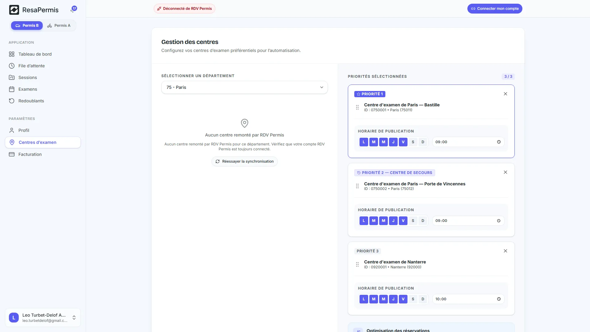 La sélection des centres d'examen dans ResaPermis, avec la recherche par nom ou code postal