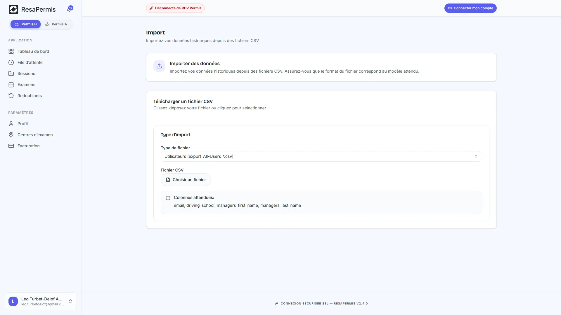 L'import CSV dans ResaPermis : type de fichier reconnu et colonnes attendues affichées avant l'import