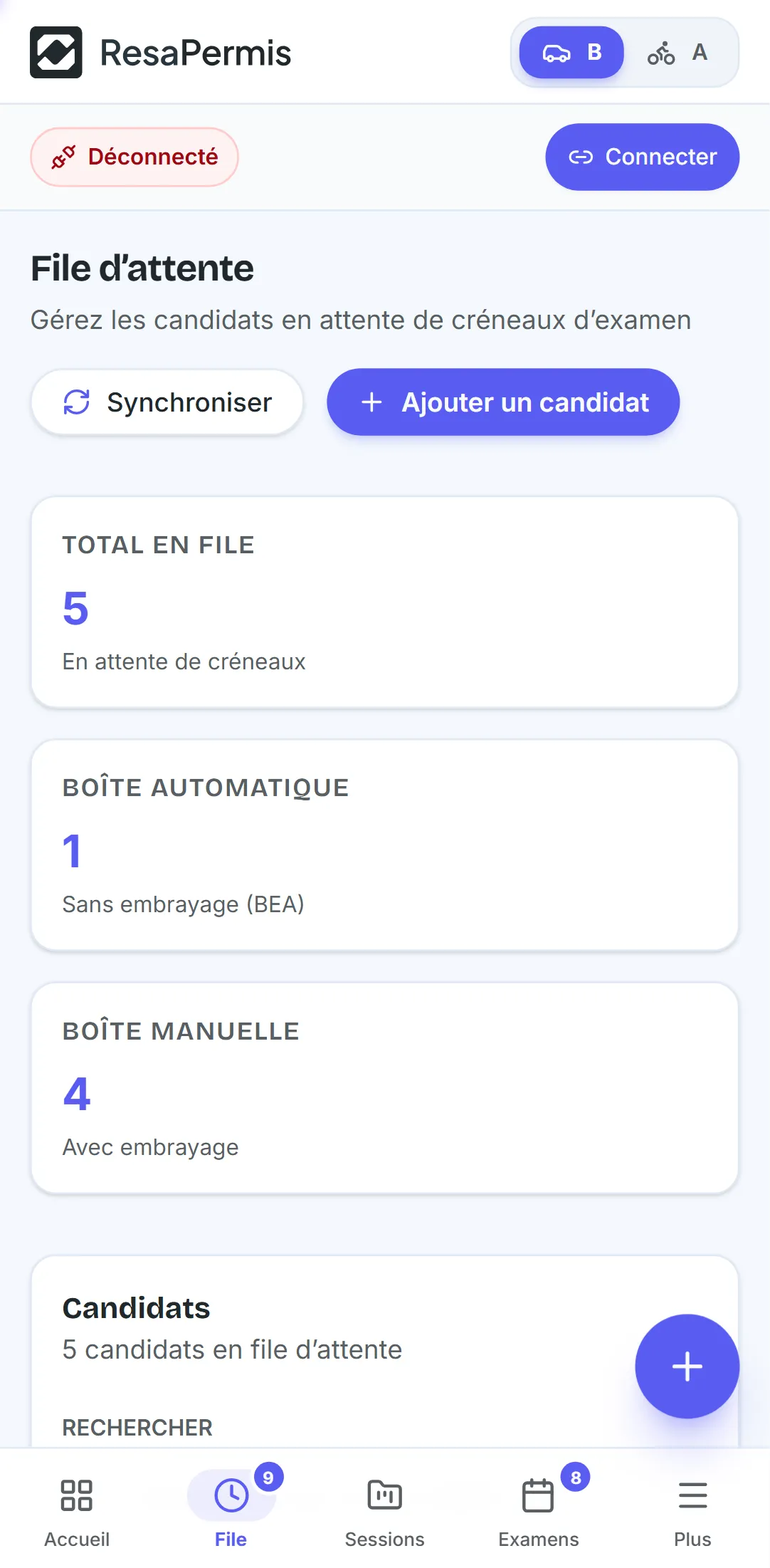 La file d'attente ResaPermis sur téléphone, avec les compteurs par type de boîte
