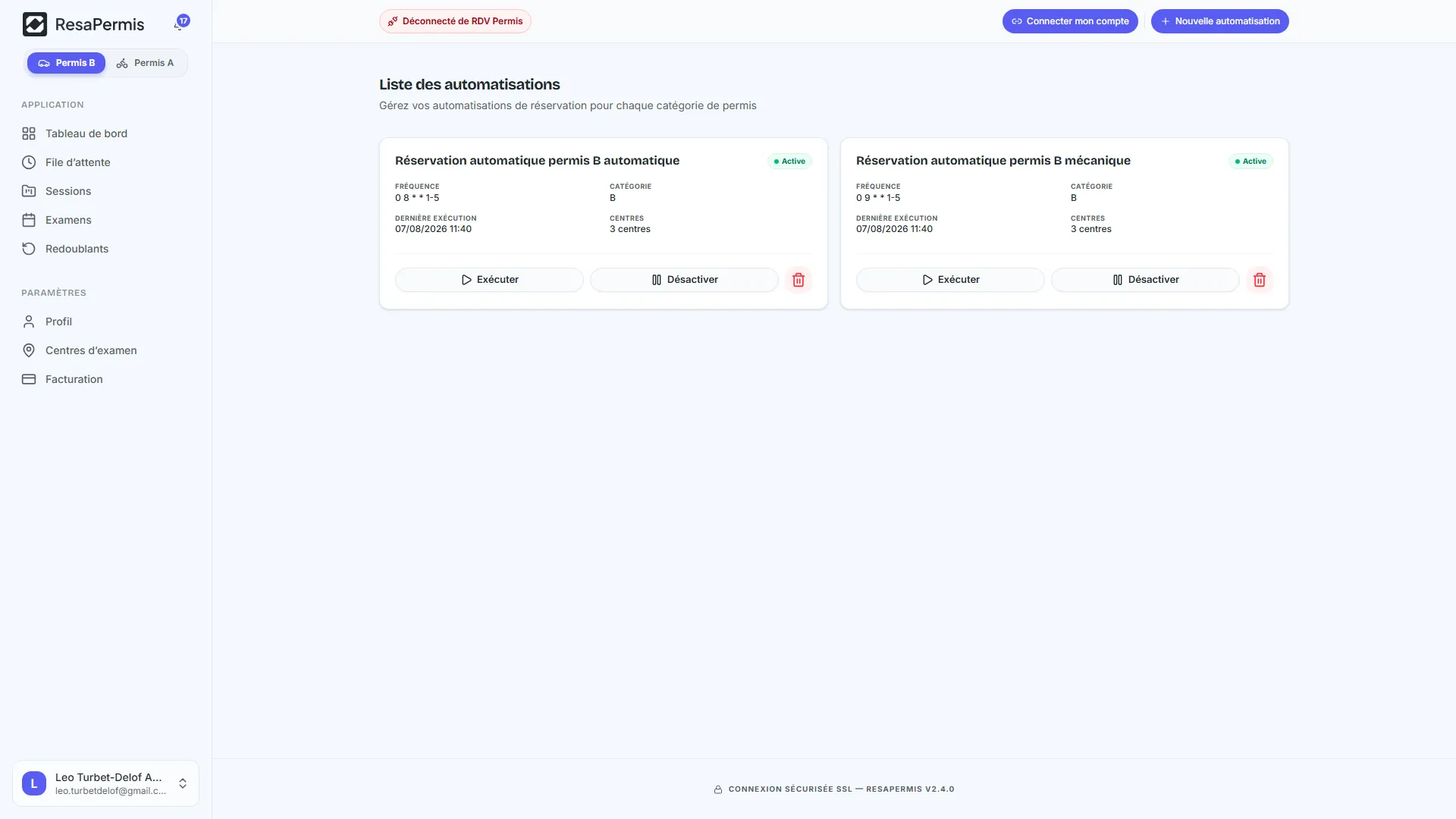 Les automatisations de réservation dans ResaPermis : fréquence, centres couverts et dernière exécution